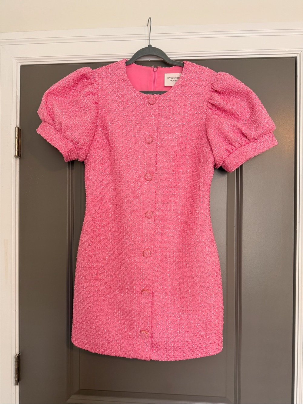 Hyacinth House Pink Puff Sleeve Tweed Dress
